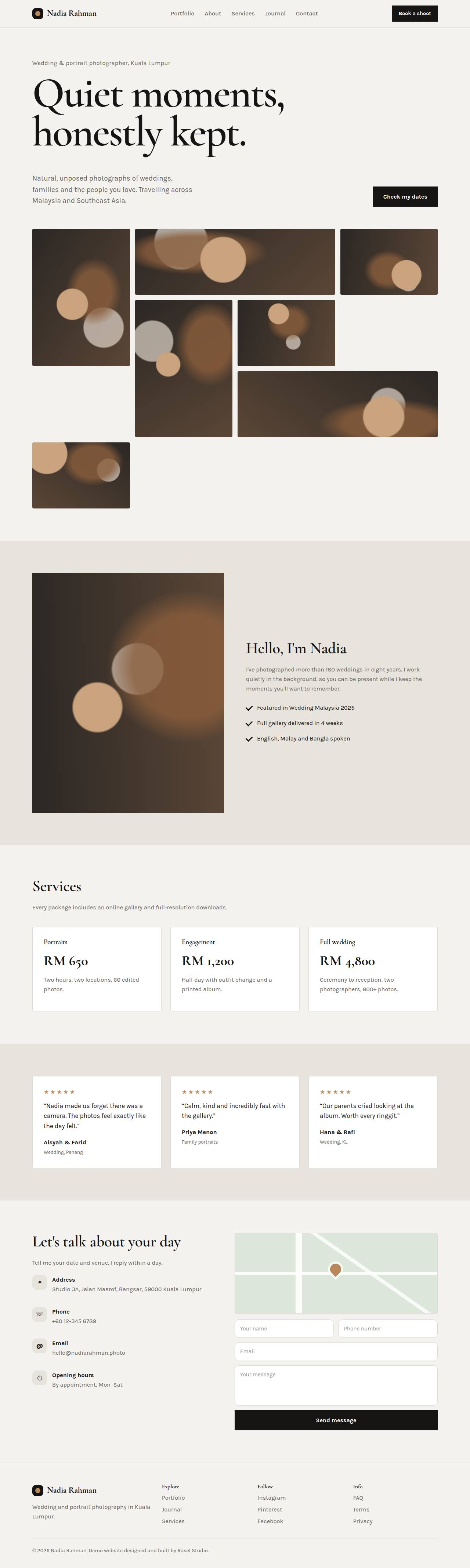 Full desktop screenshot of the Nadia Rahman Photography example website