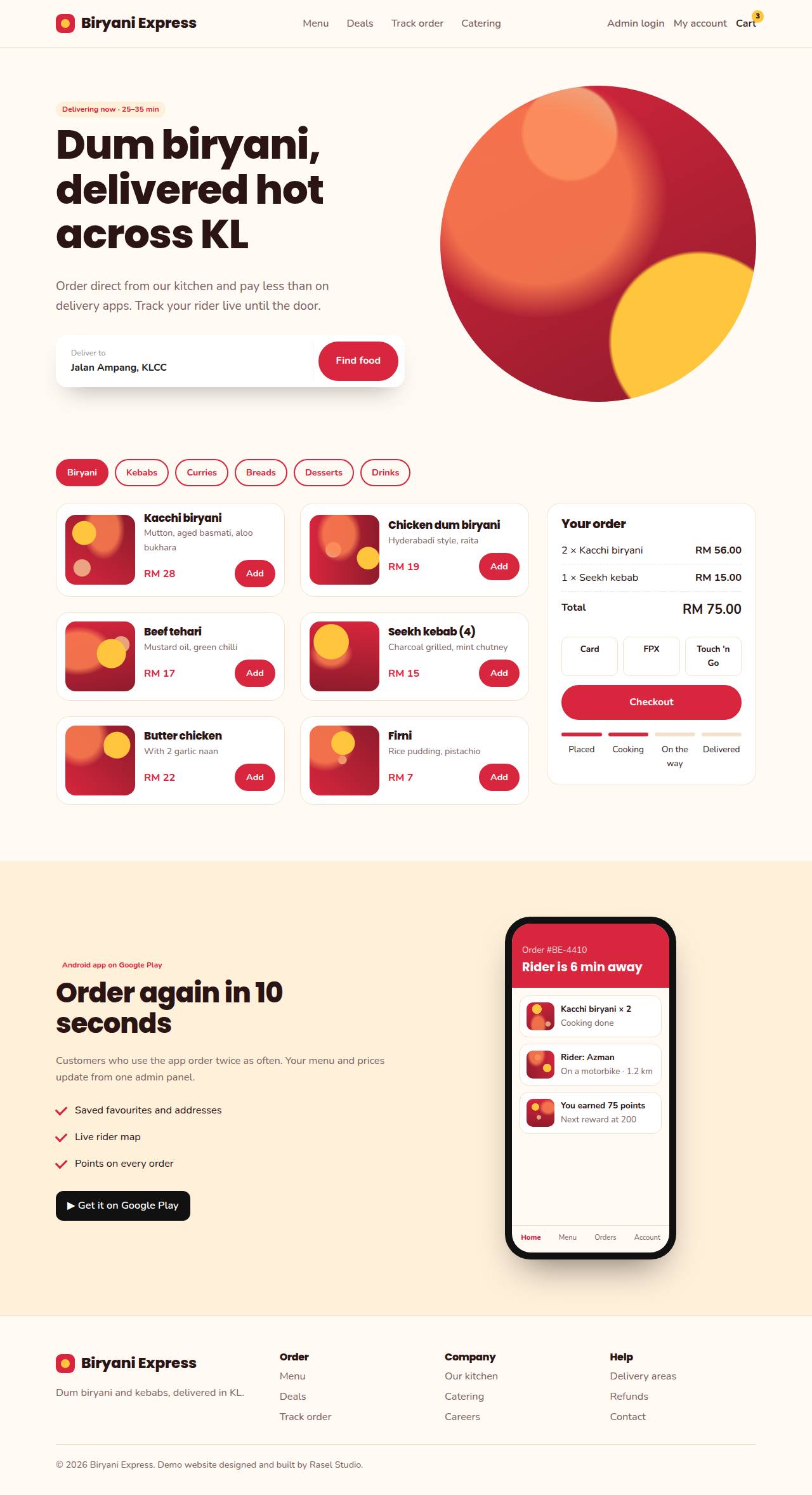 Full desktop screenshot of the Biryani Express example website