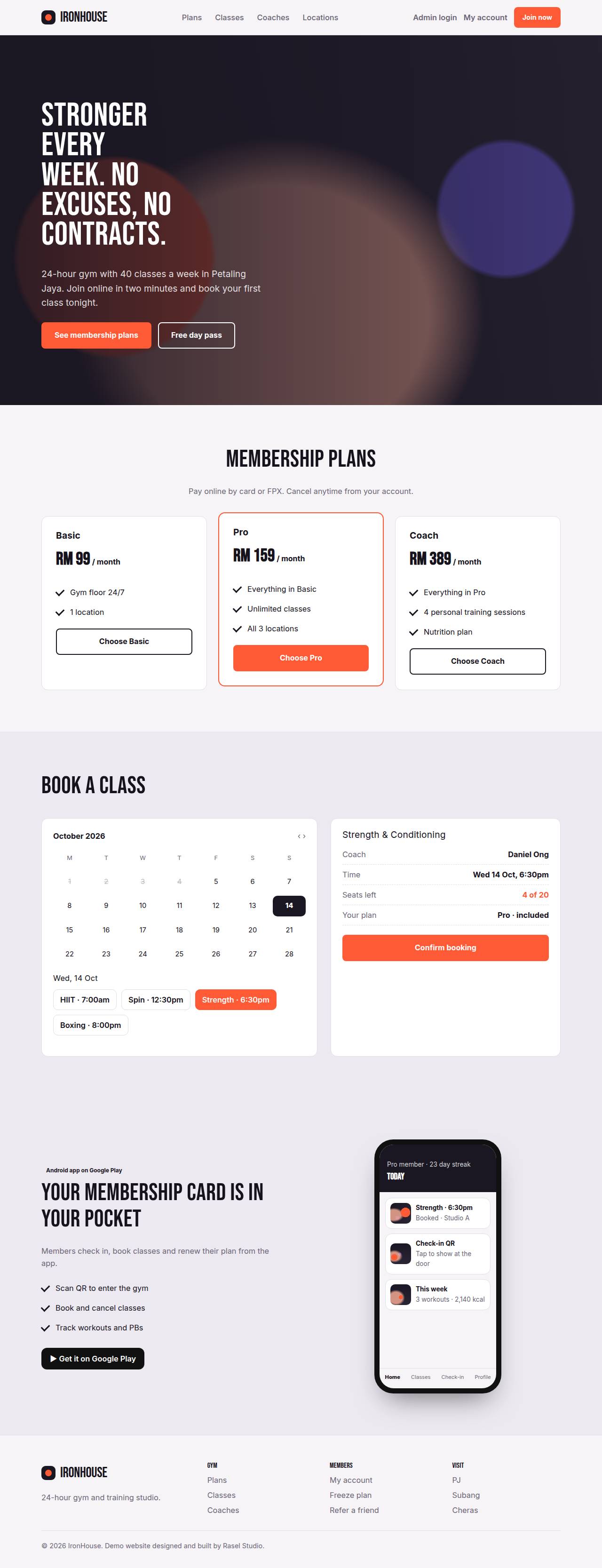 Full desktop screenshot of the IronHouse Gym example website