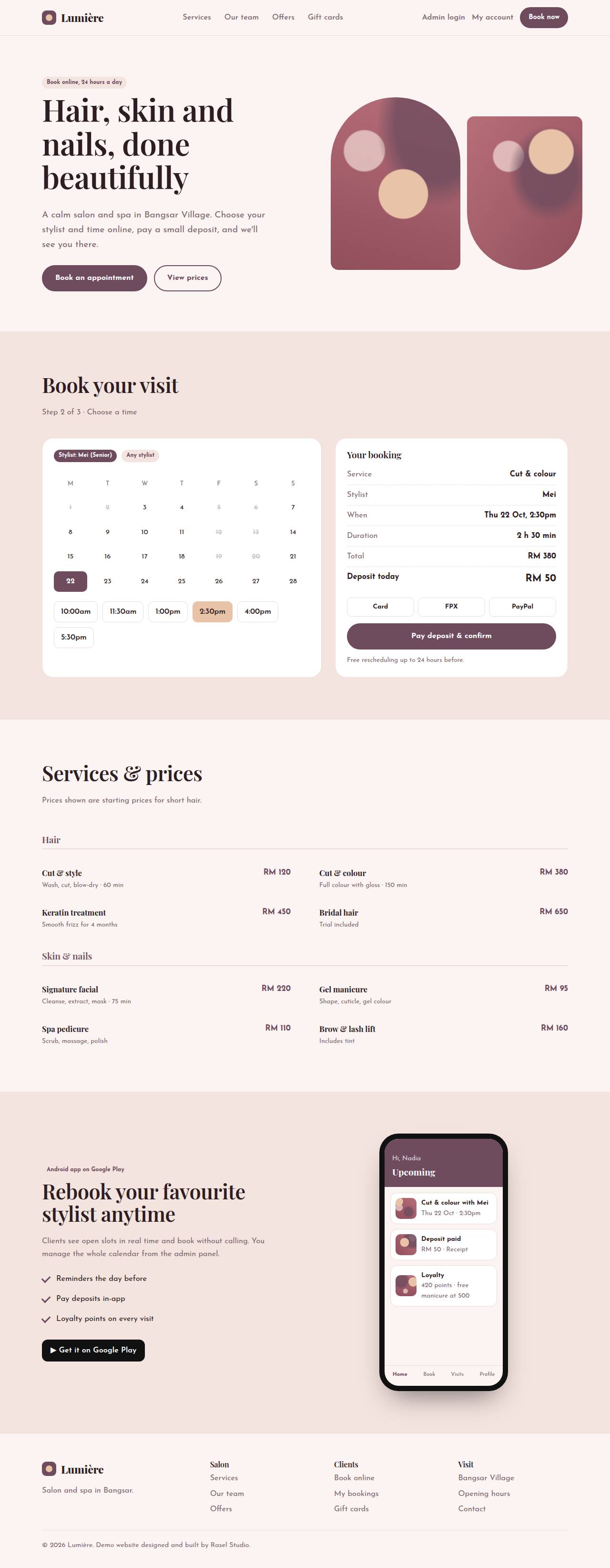 Full desktop screenshot of the Lumière Salon & Spa example website