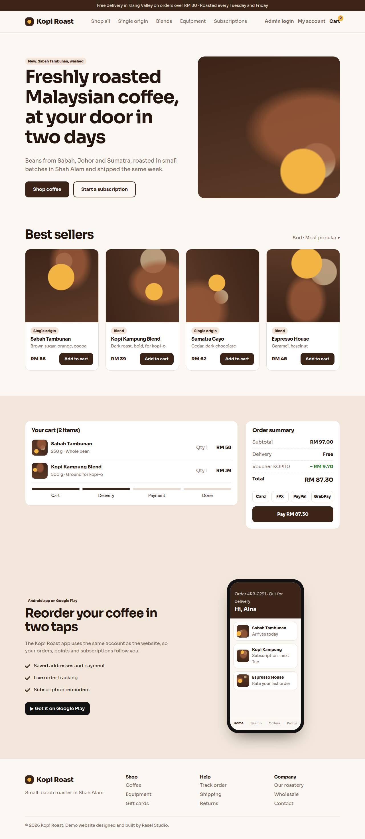 Full desktop screenshot of the Kopi Roast example website