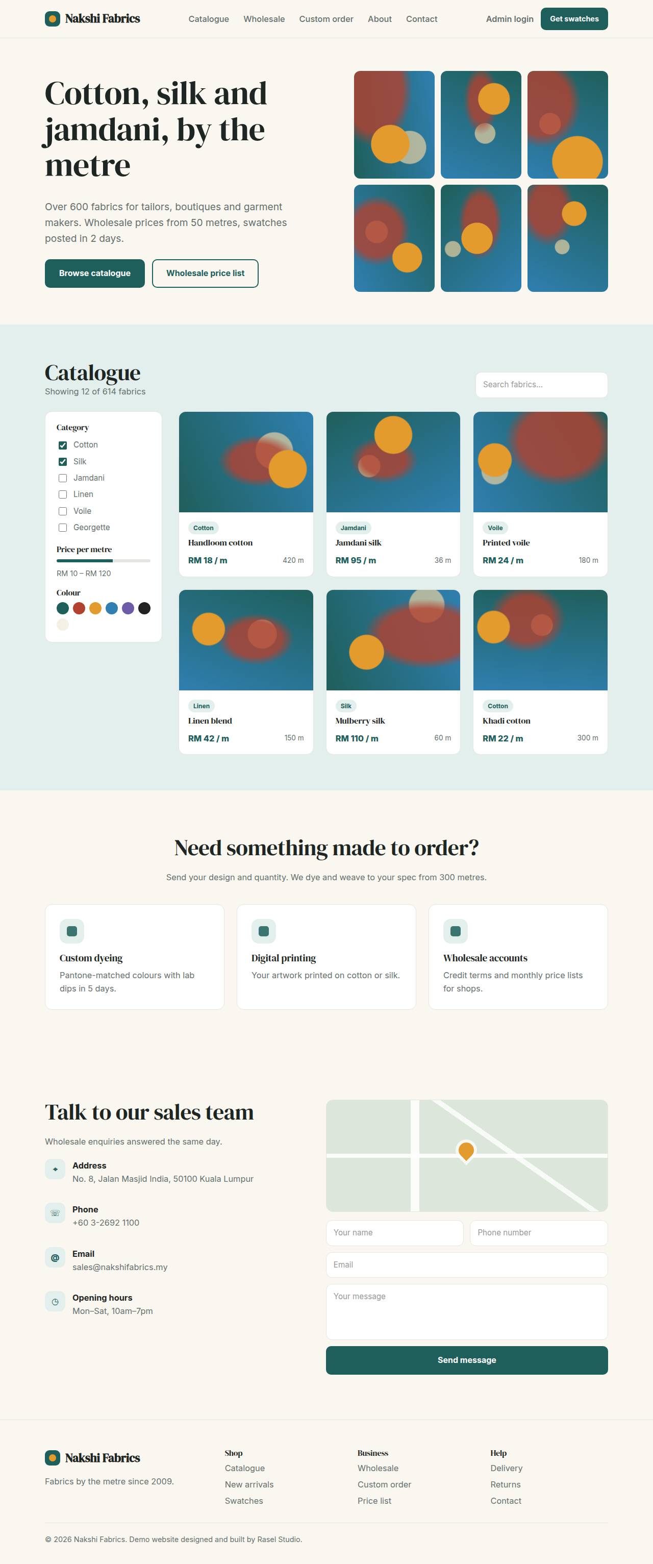 Full desktop screenshot of the Nakshi Fabrics example website