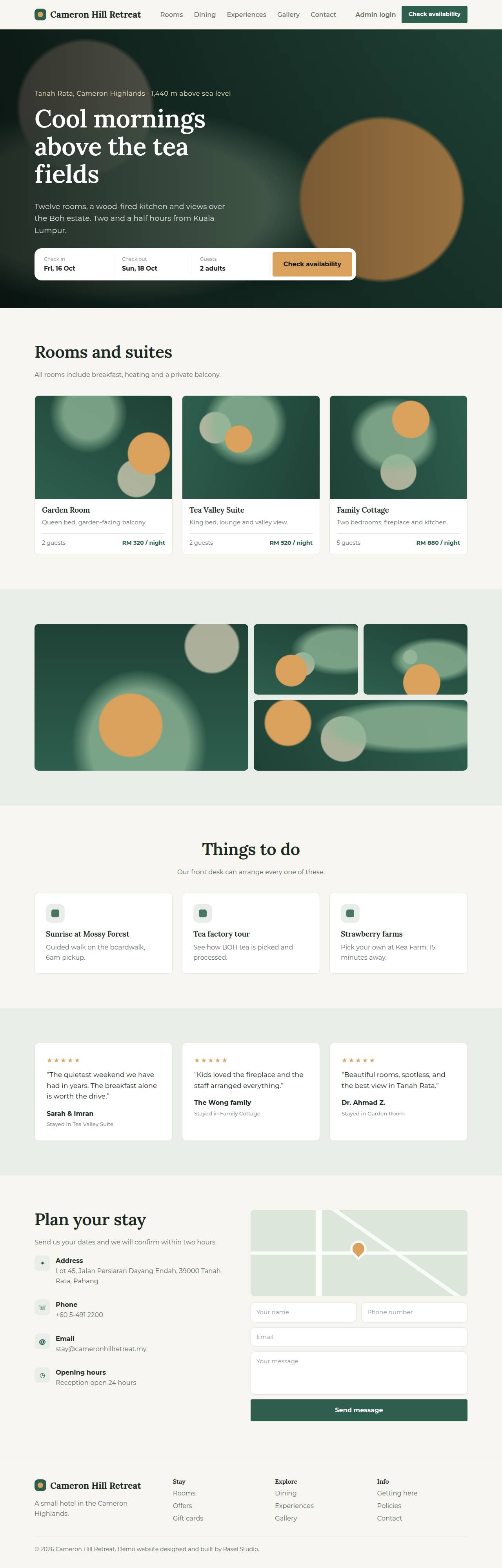 Full desktop screenshot of the Cameron Hill Retreat example website