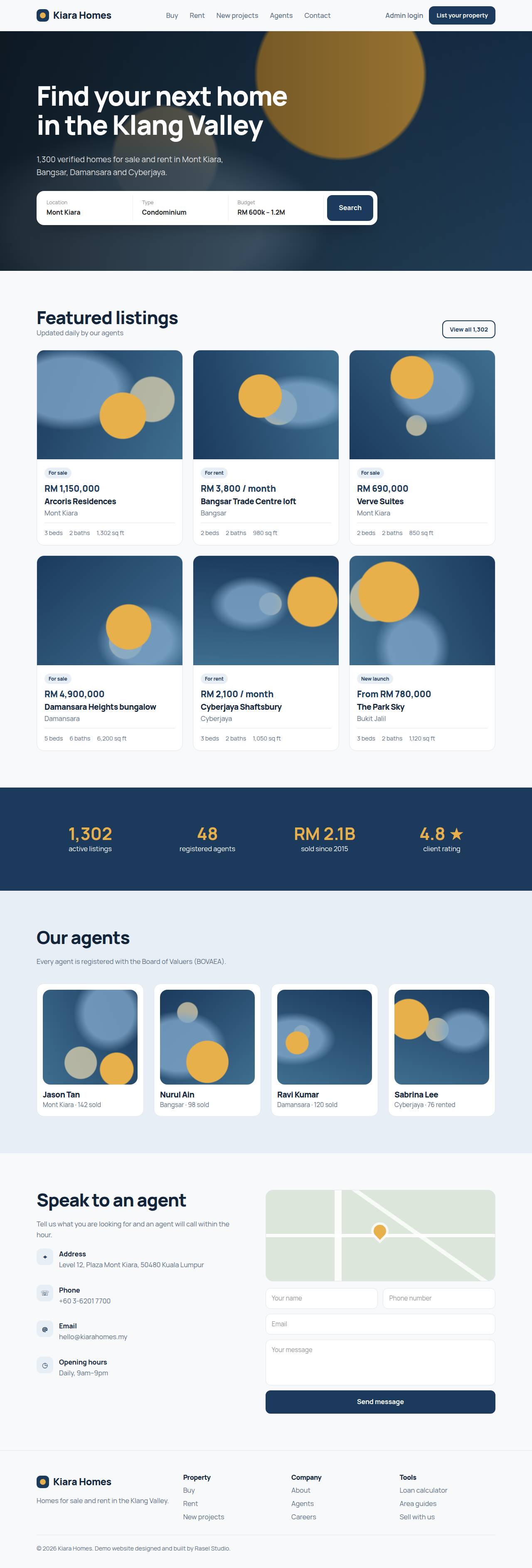 Full desktop screenshot of the Kiara Homes example website
